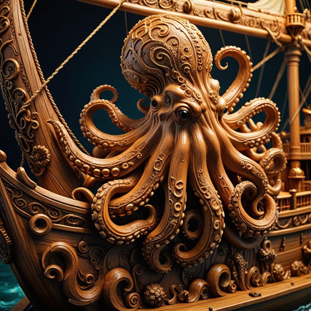 Giant Octopus Gripping Ship: Intricate Wood Carving