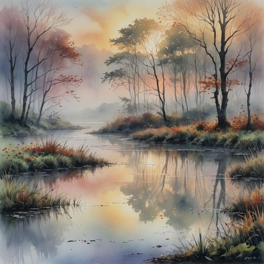 Autumn Sunrise Over Misty Pond in Watercolor Style
