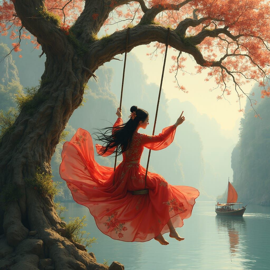 Woman in Red Dress on Swing, Dreamy Art Style