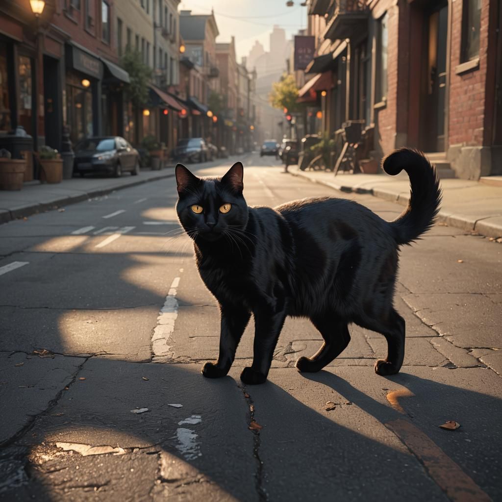 Black Cat Crossing: Fantasy Realism Street Scene