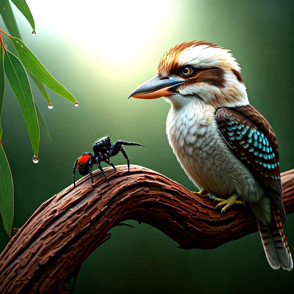 Hyperrealistic Australian Spider and Kookaburra in Morning L...