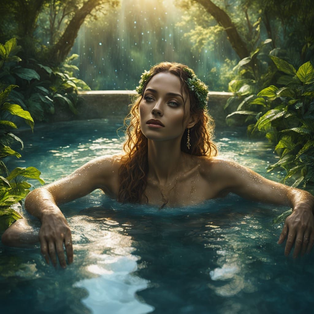 Ethereal Goddess Bathes in Lush Pool, Golden Hour