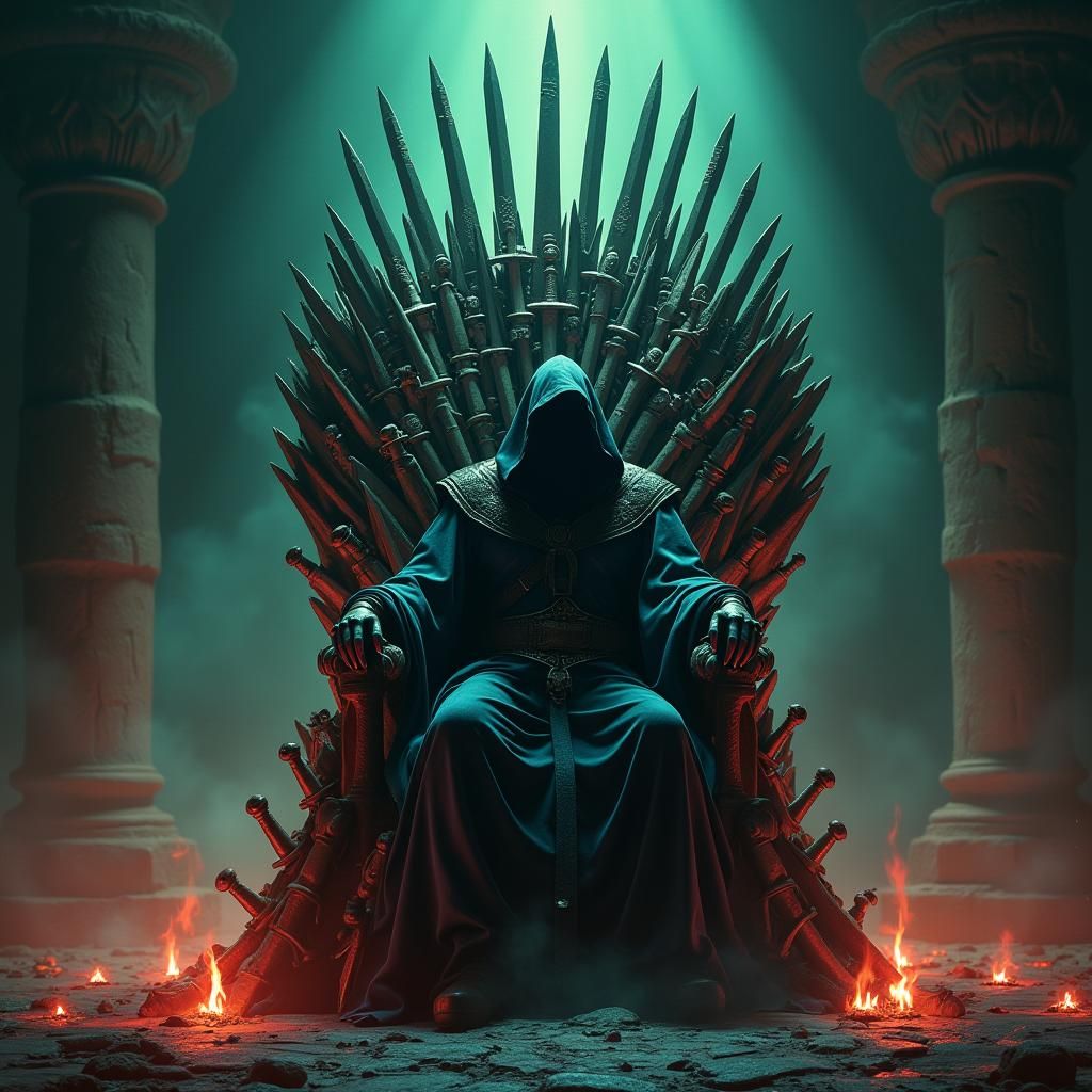 Evil Assassin on Sword Throne: Fantasy Concept Art