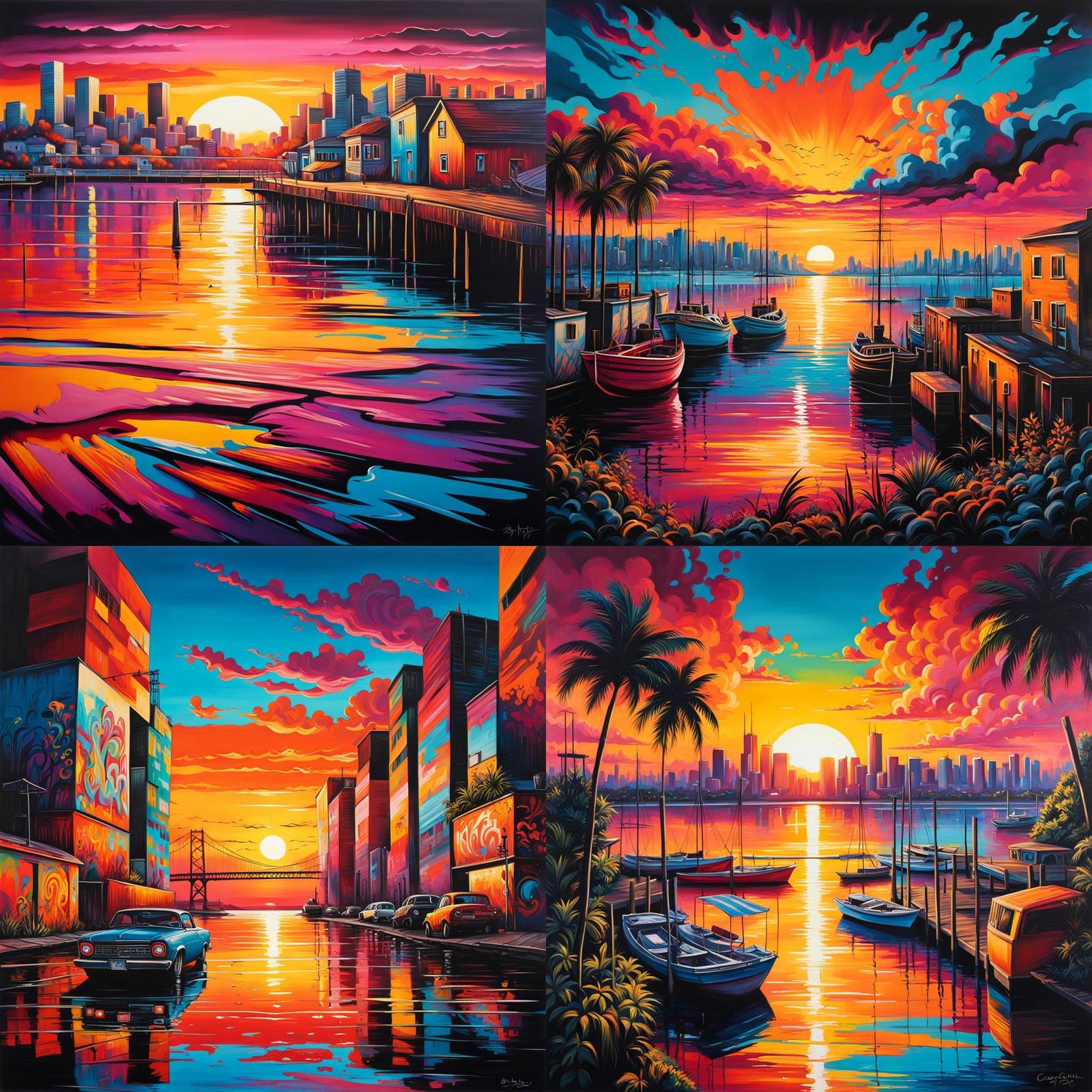 Polychromatic Sunset Bay in Graffiti Art Style
