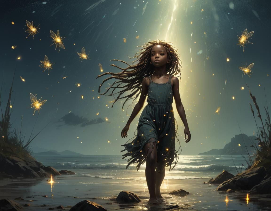Ethereal Girl with Fireflies on Beach, Cinematic View