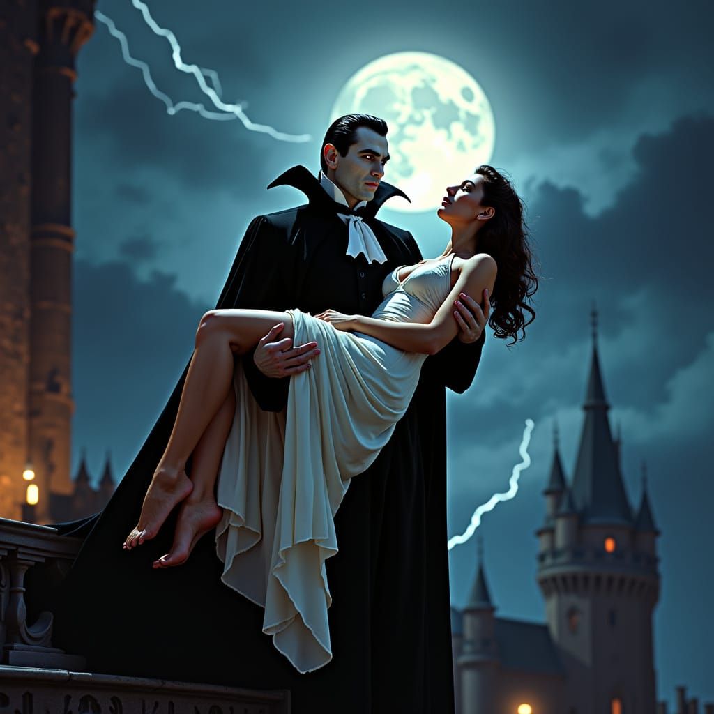 Dracula on Balcony in Classic Horror Film Style
