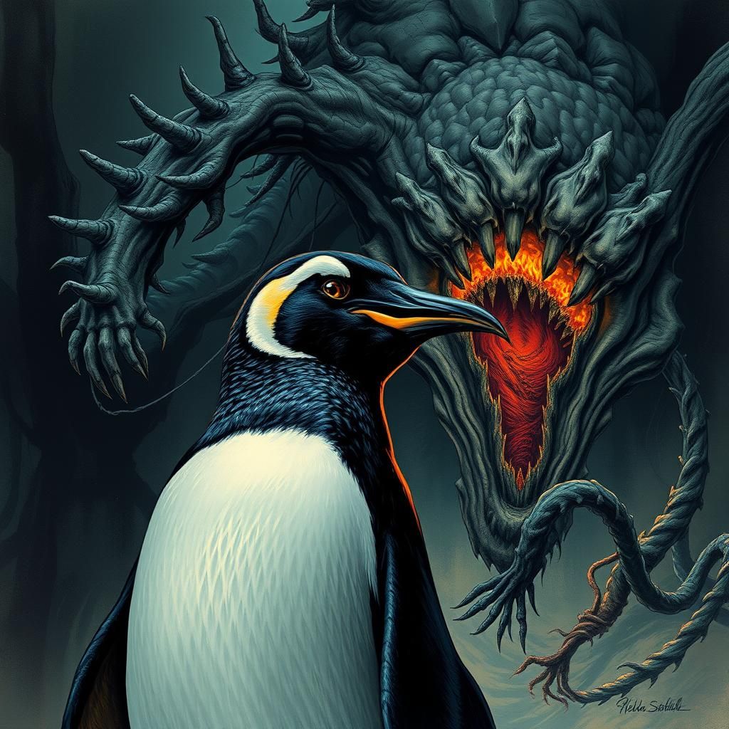 Penguin Demiurge Ready for Battle: Dark Horror Art