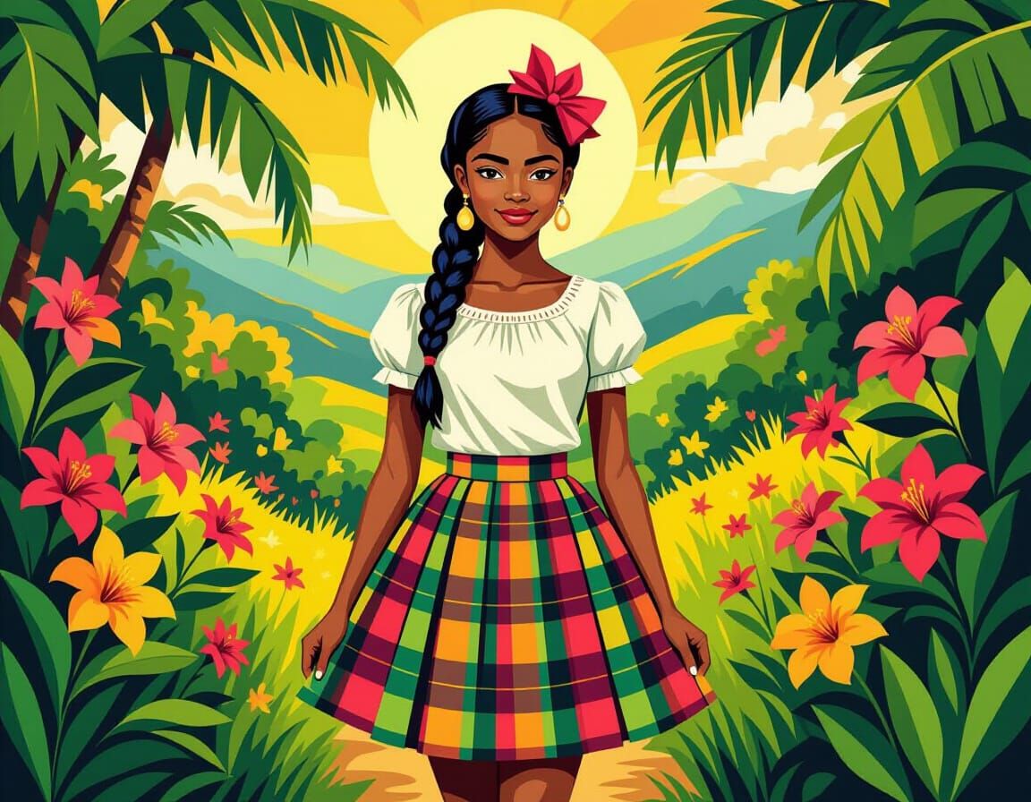 Jamaican Girl in Plaid Skirt, Impressionist Folk Art
