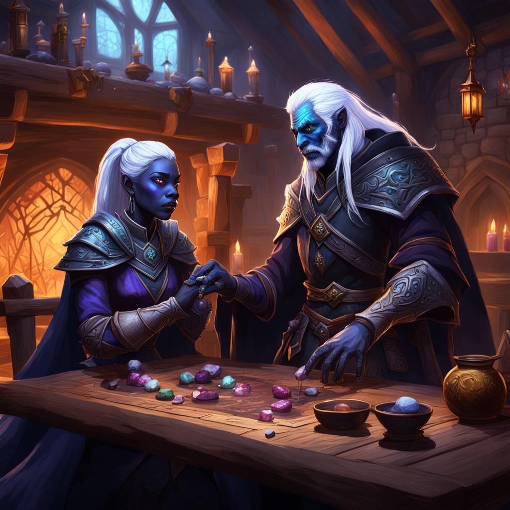 Drow Warlock and Paladin Play D&D in Inn