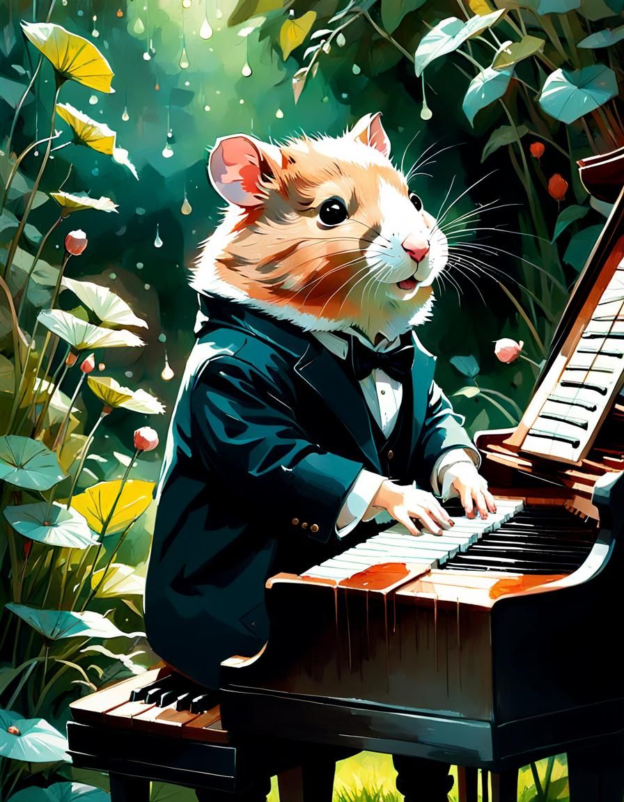 Hamster Pianist in Garden: Digital Art Illustration