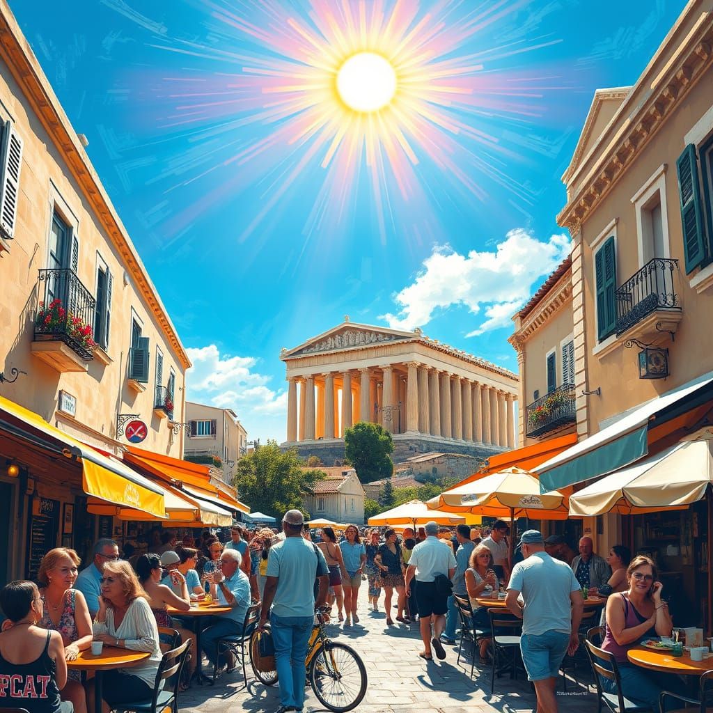 Quaint Plaka Street Life with Parthenon in Vibrant Athens