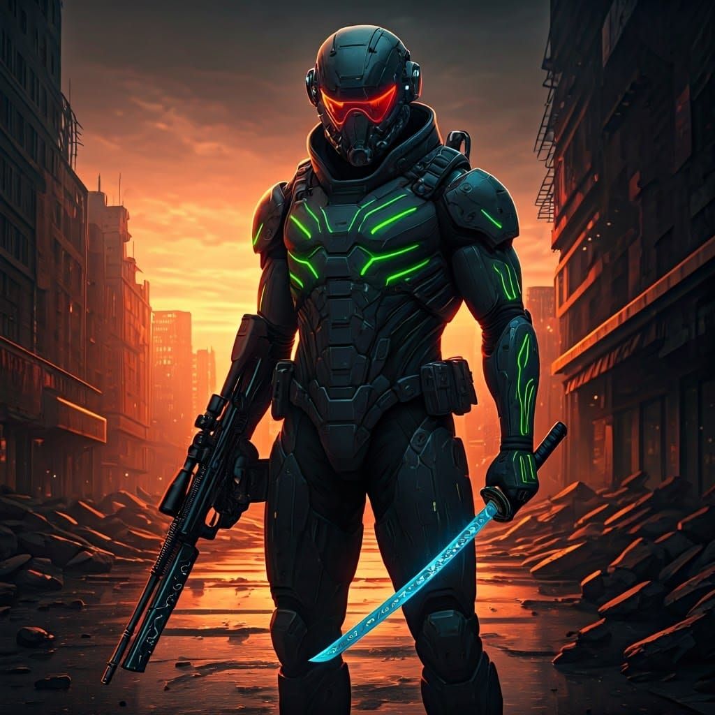 Cyberpunk Soldier Stands Tall in Dystopian Cityscape