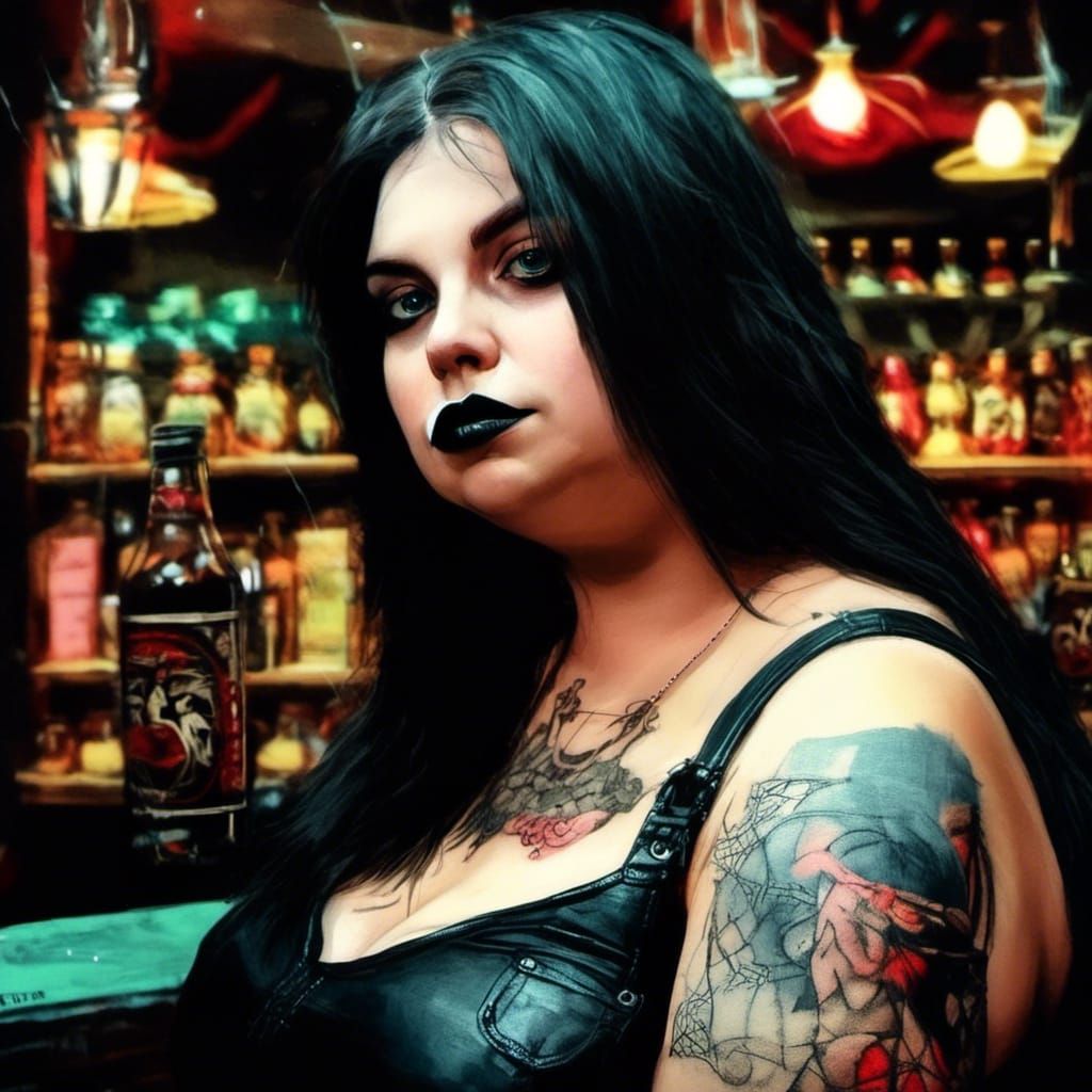 Gothic Woman in Biker Bar Oil Painting