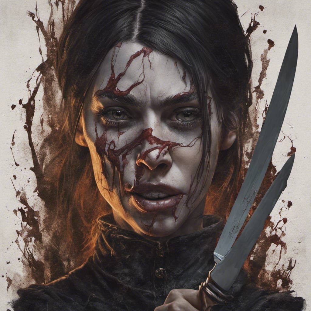 Gothic Renaissance Woman with Knife, Oil Painting