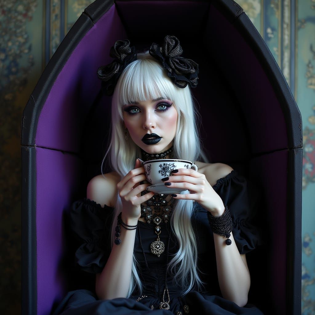 Gothic Witch Having Tea in Coffin, Dark Romanticism