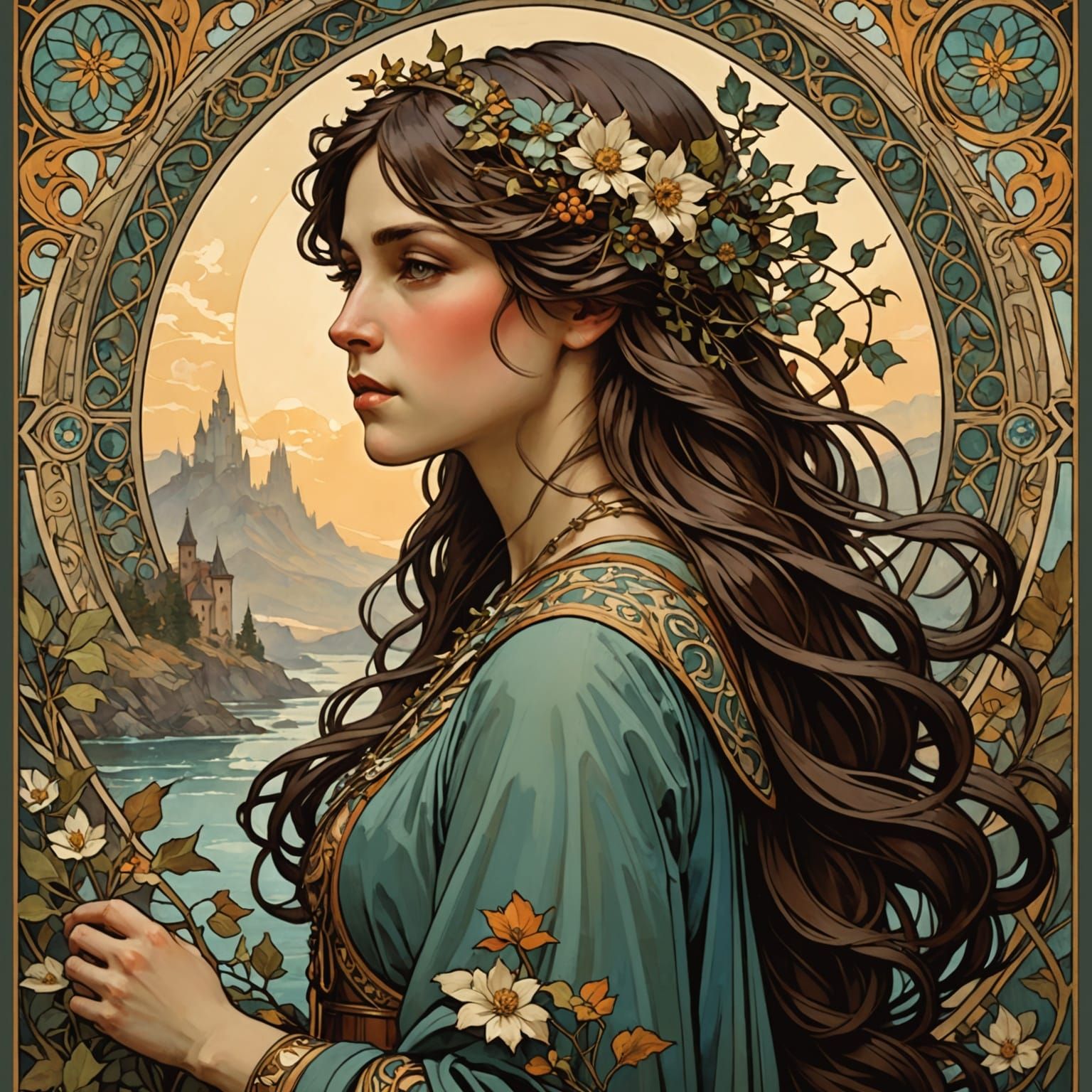 Woman with Green Ribbon in Tonalist Oil Painting Style