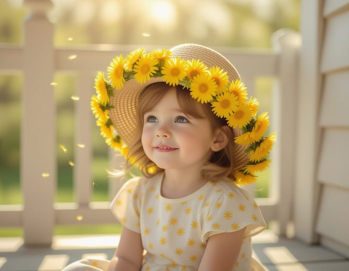 Child in Dandelion Hat on Sunny Porch