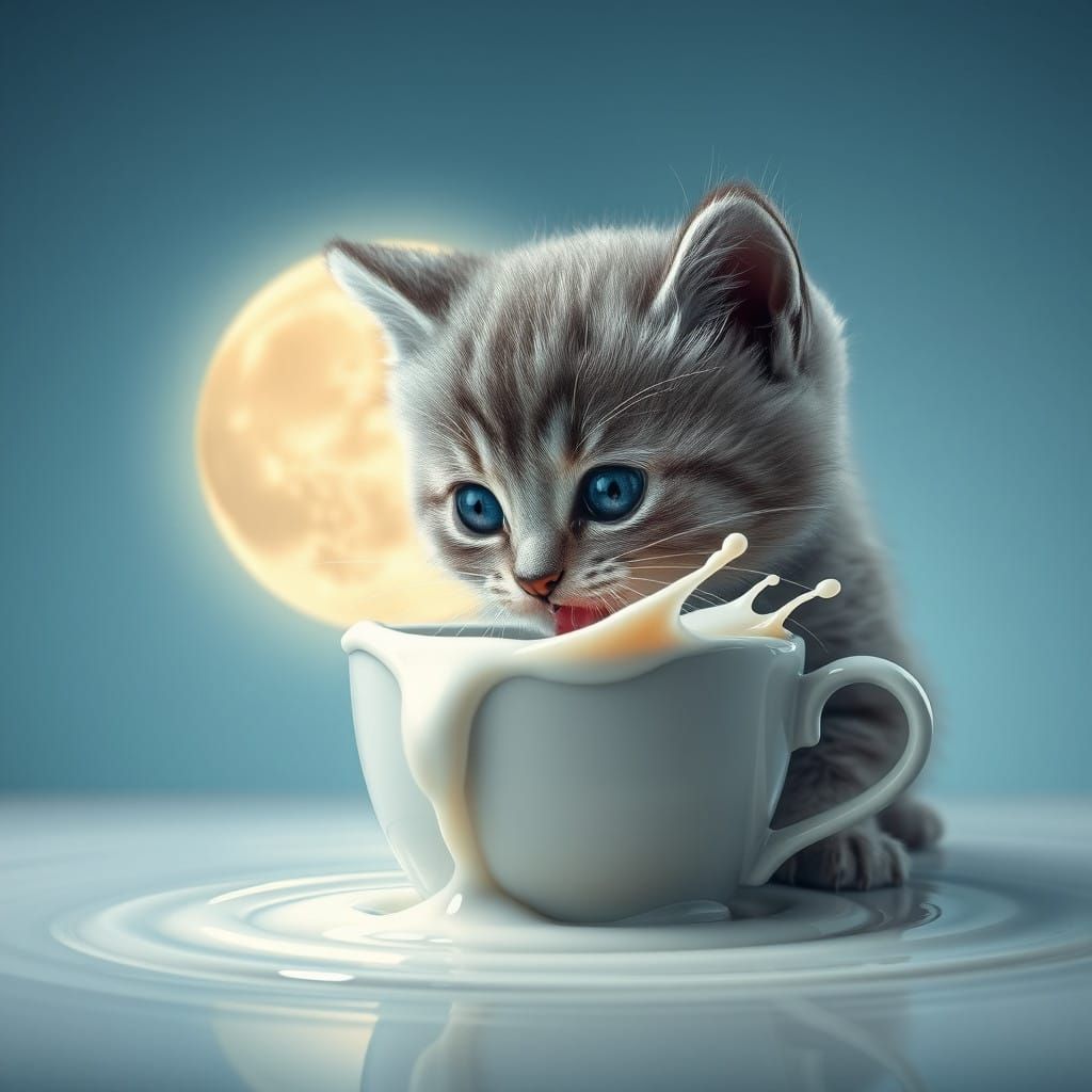 Dreamy Moonlit Kitten Drinks Milky Delight in Whimsical Real...