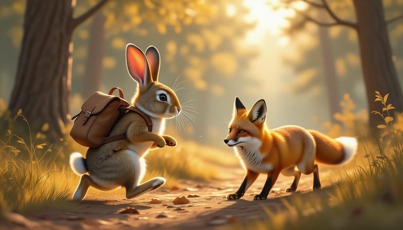 Rabbit Flees Fox in Serene Forest, Realistic Detail