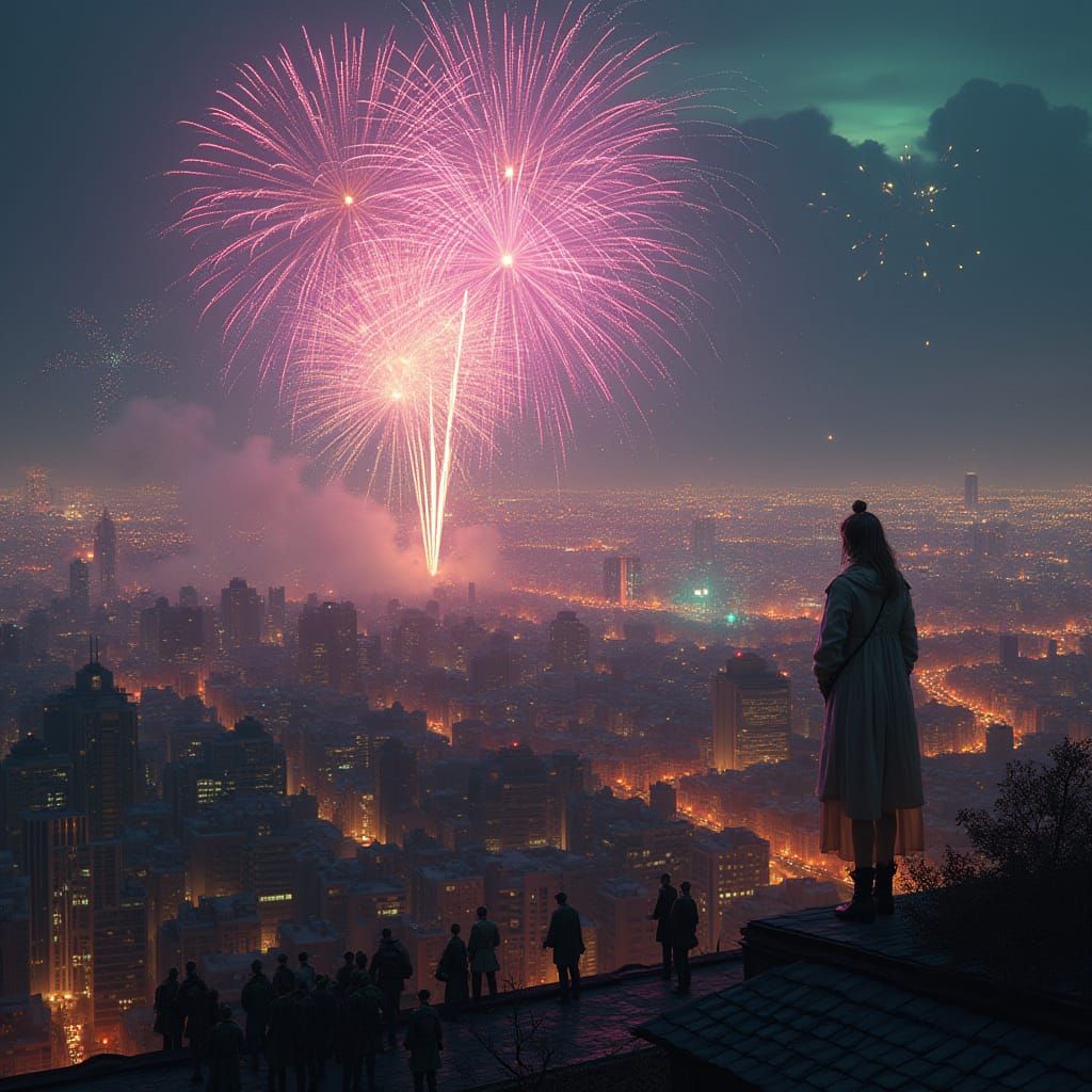 Fireworks Over City Skyline in Sci-Fi Style