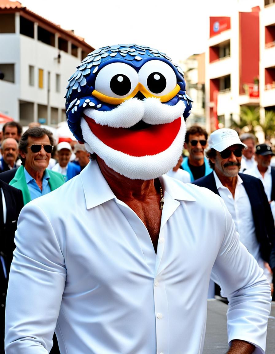 Antonio Banderas wearing a clam mascot costume