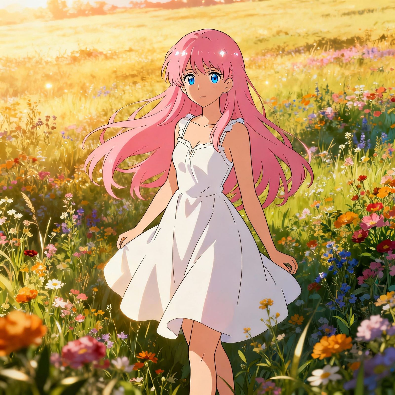 Anime Girl in Wildflower Meadow, Cel-Shaded Art