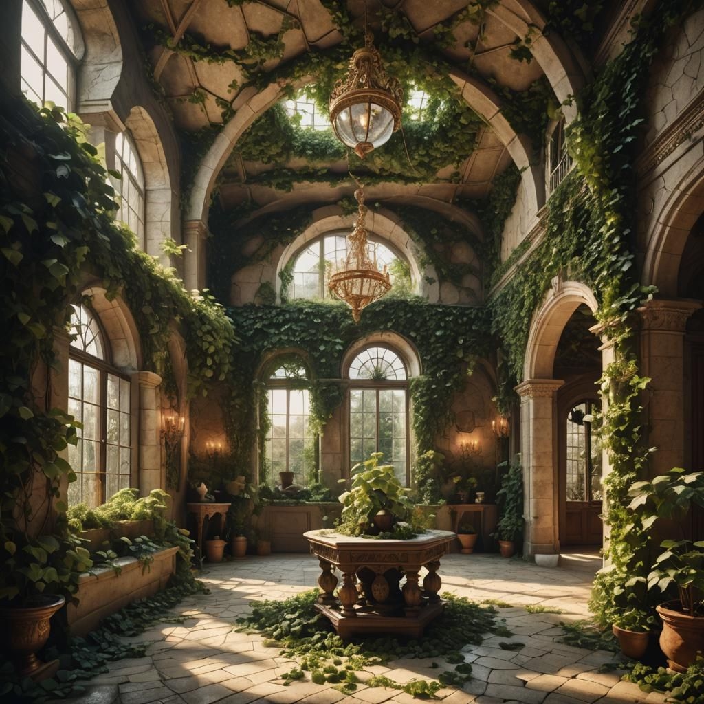 Baroque Room with Ivy and Terrarium in Sunlight