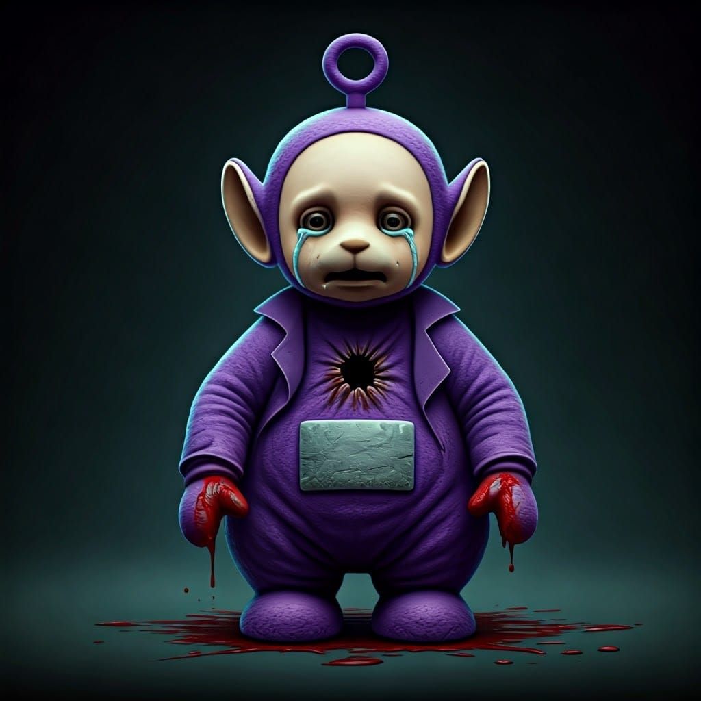 Distressed Teletubby in Dark Whimsical Style with Biomechani...