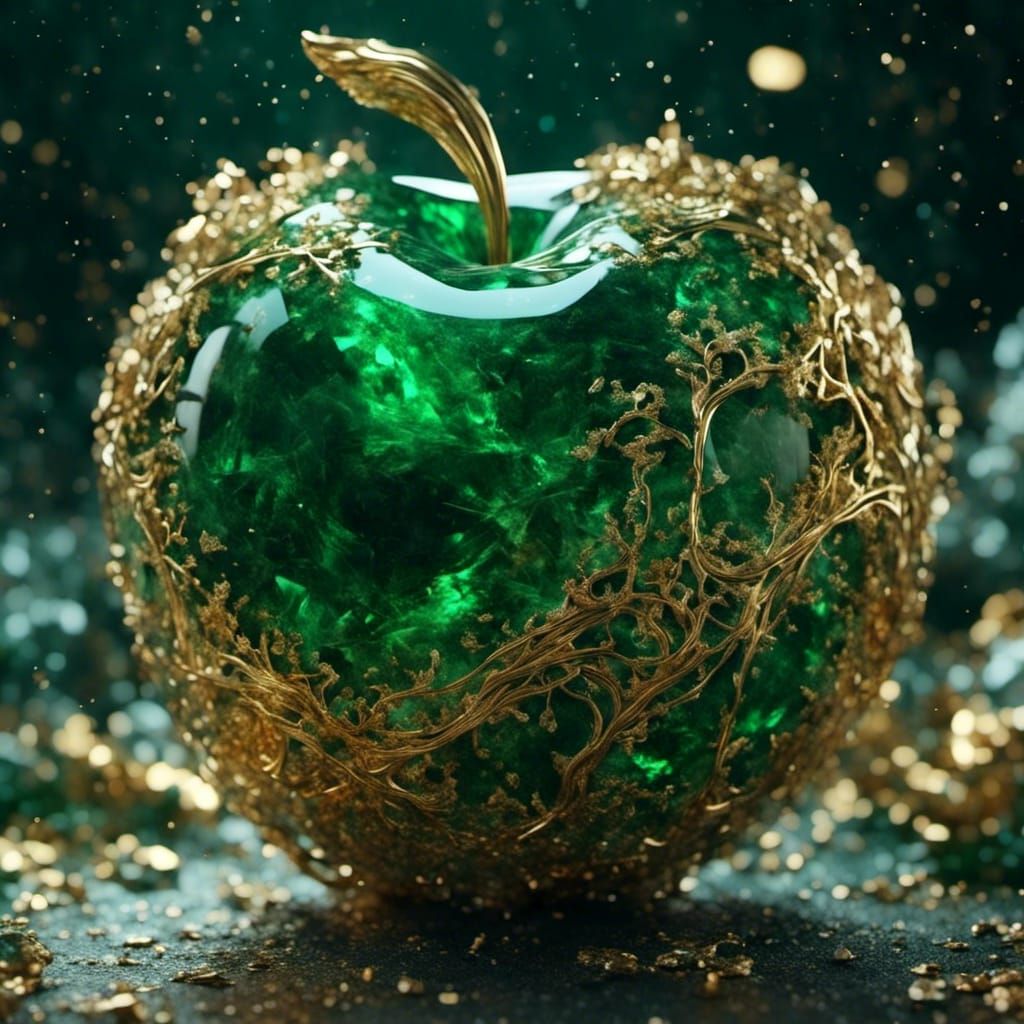 Emerald Apple with Golden Frame, Hyperrealistic Digital Art
