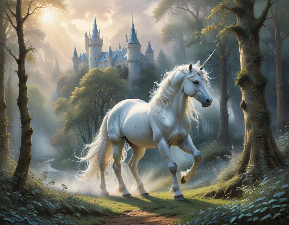 Majestic Unicorn in Medieval Forest Watercolor Painting