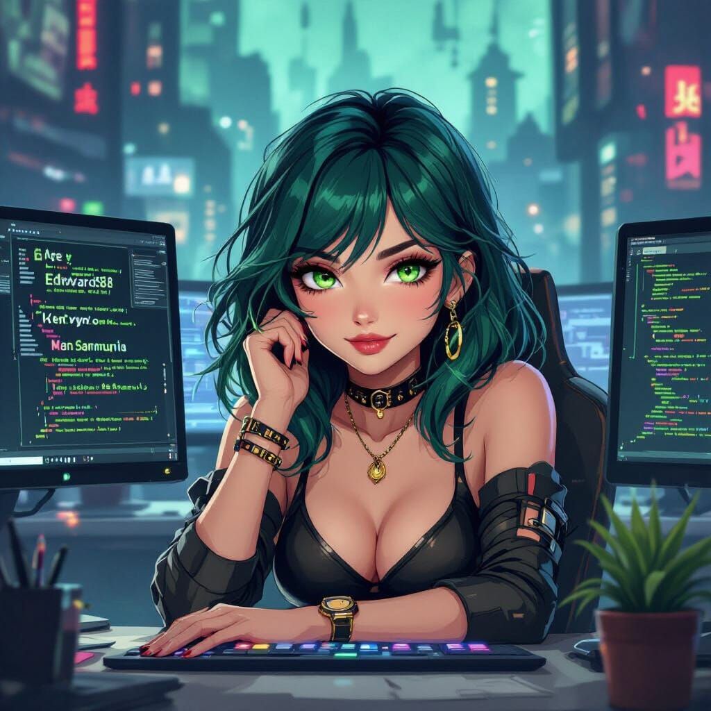 Molly in Cyberpunk Noir Style with Green Eyes