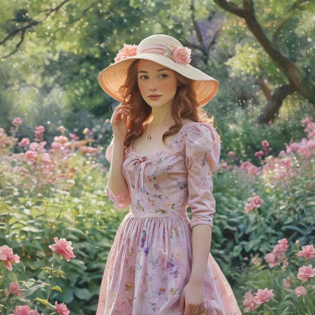 Watercolor Portrait of Woman in Lush Garden