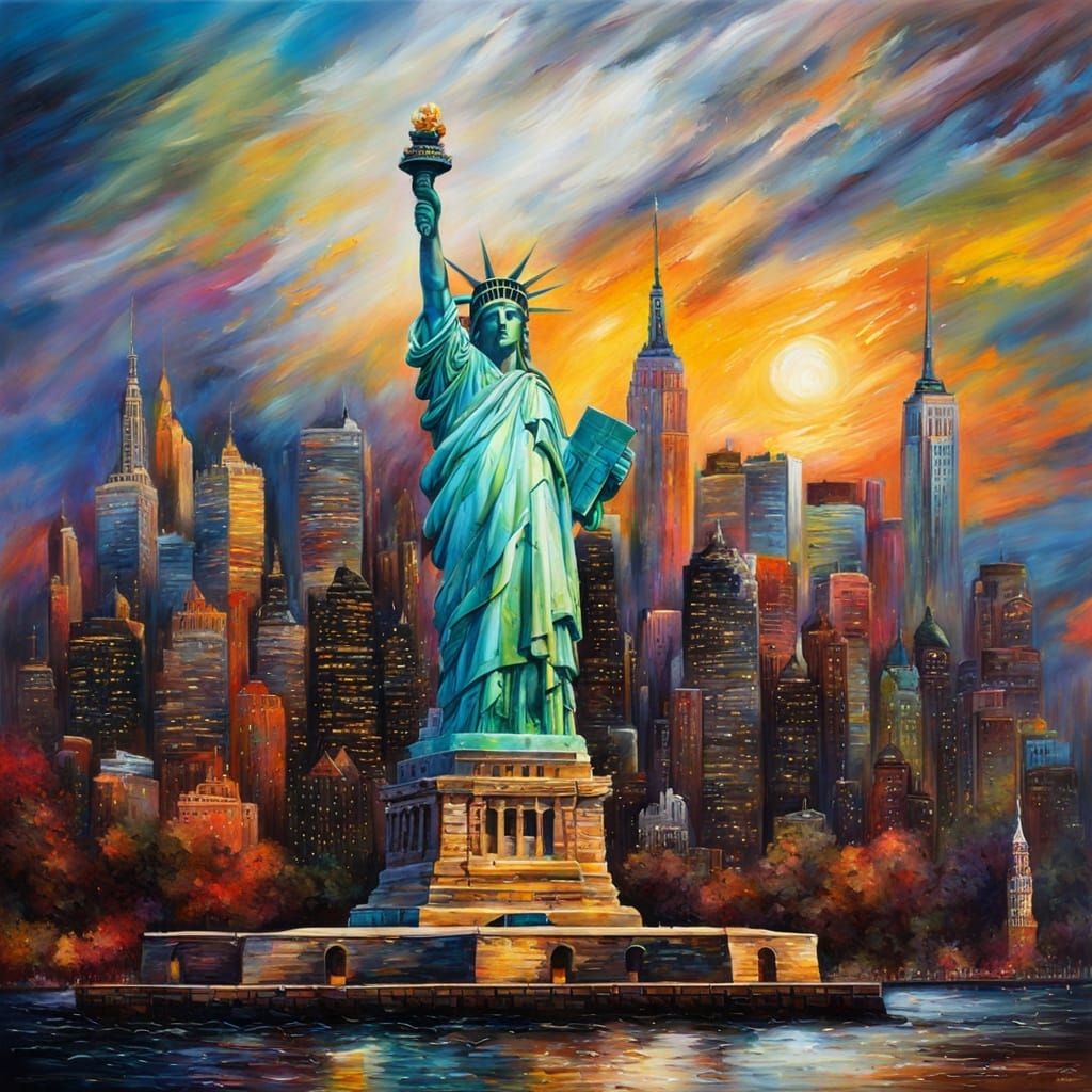 Whimsical New York City in Vibrant Fantasy Oil Painting