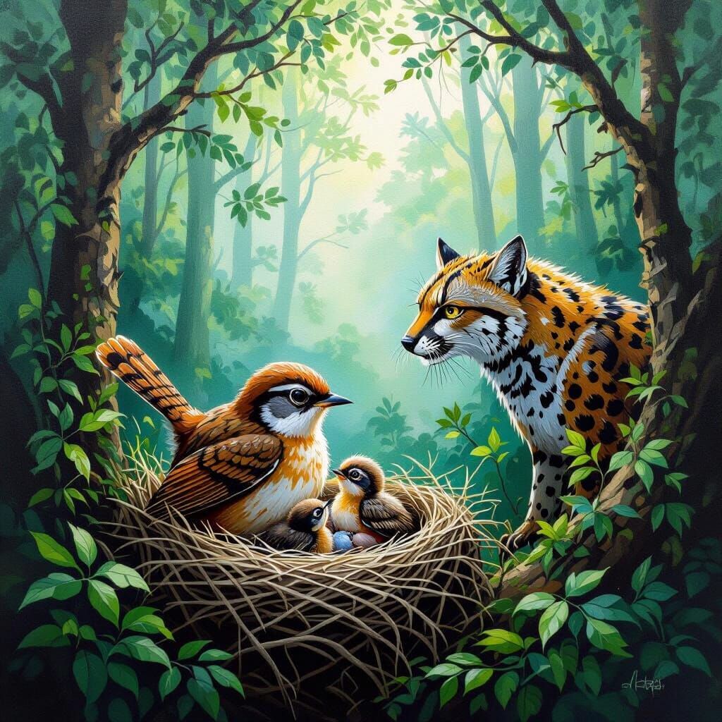 Acrylic Painting of Bird Feeding Young Amidst Forest Danger
