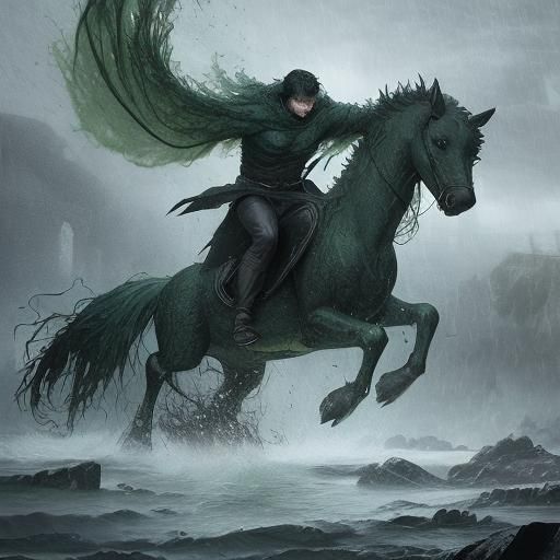 Seaweed Elemental Rides Kelpie in Snowstorm