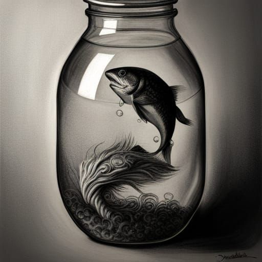 Sad Fish Trapped: Hyperdetailed Charcoal Drawing