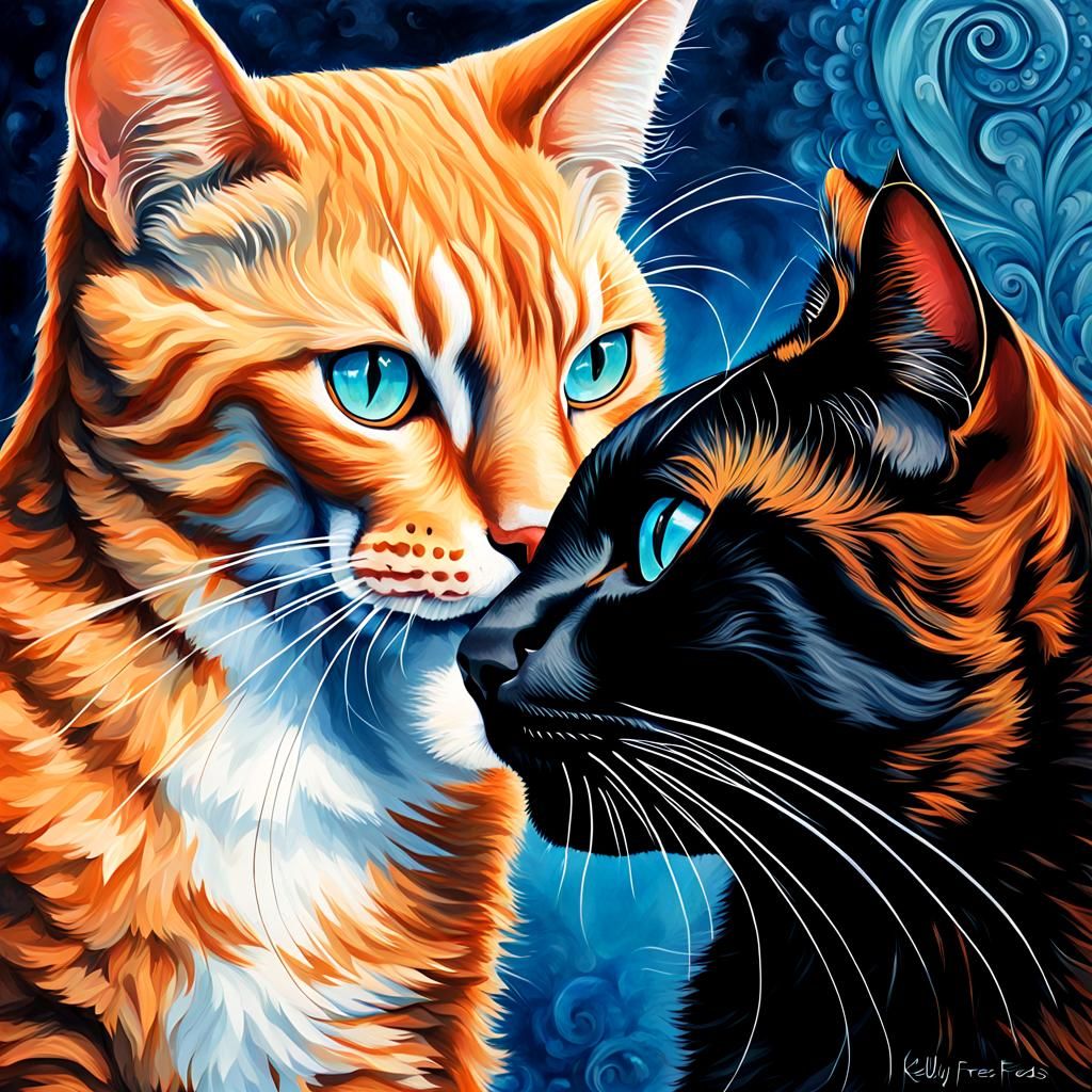 Orange Tabby and Black Cat Portrait in Detailed Poster Art