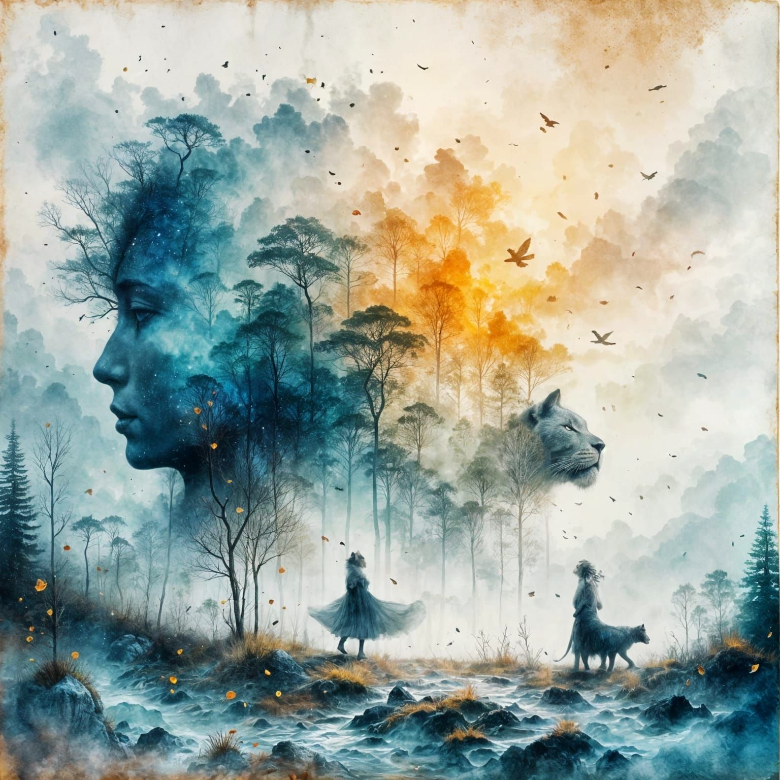 Surreal Cat Dissolves into Lion in Abstract Galaxy