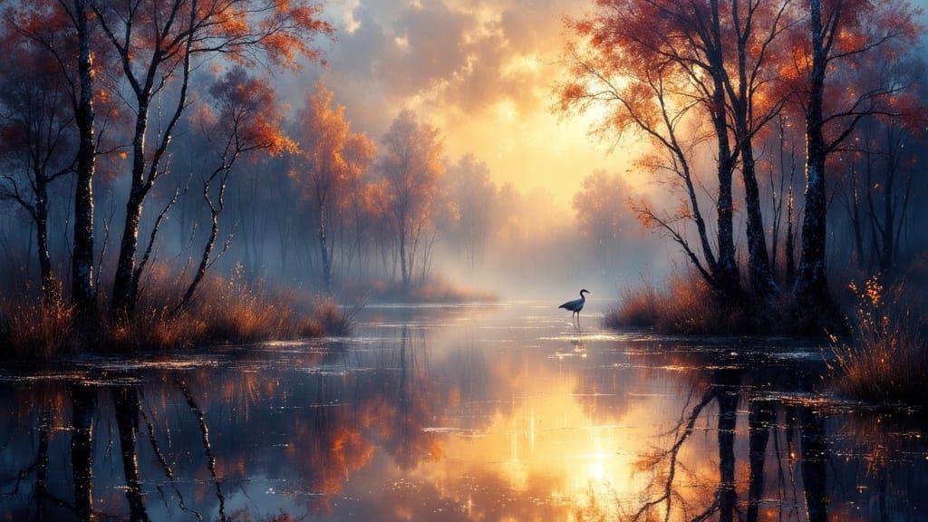 Dawn Marshland Reflection with Heron as Impasto Painting