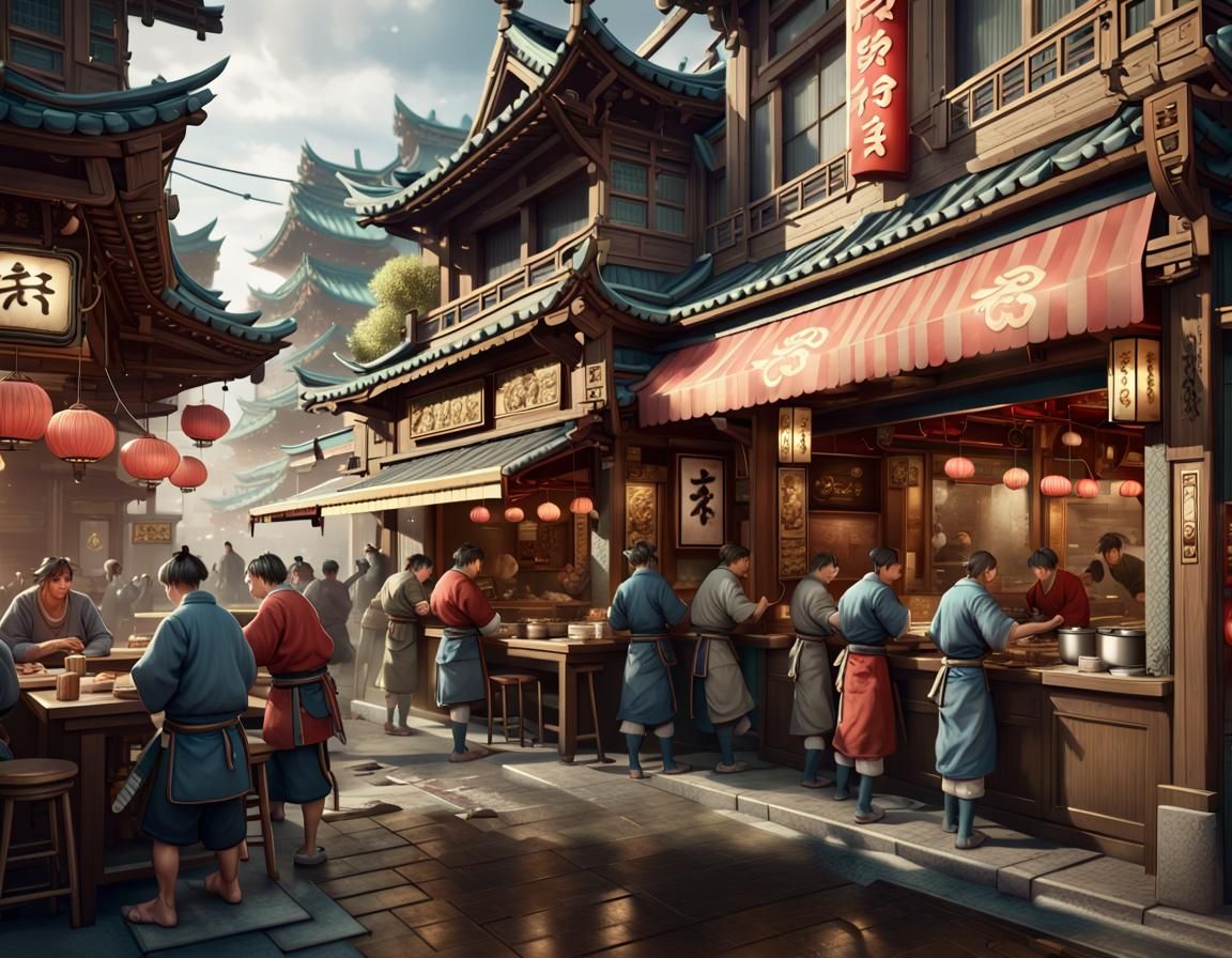 Ramen Shop Street Fight in Art Nouveau Rococo Style