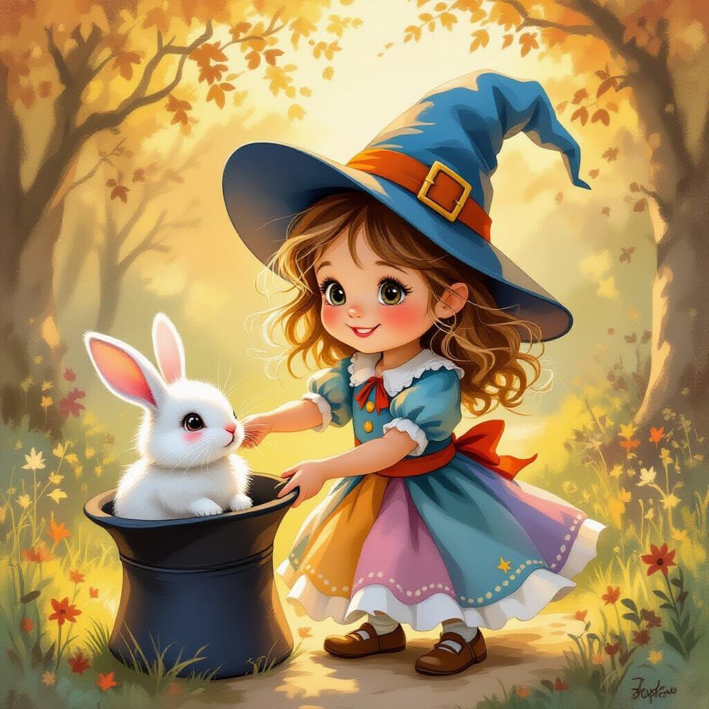 Charming Witch Pulls Rabbit from Hat