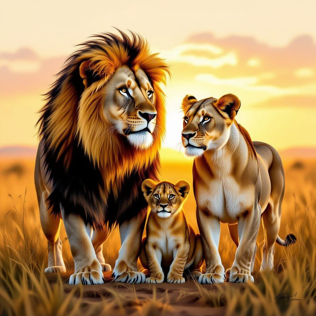 Majestic Lion Family on Sunlit Savanna