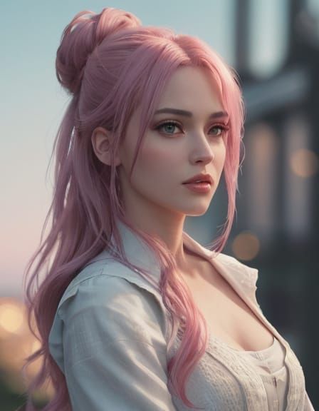 Twilight Portrait of a Woman with Pink Hair
