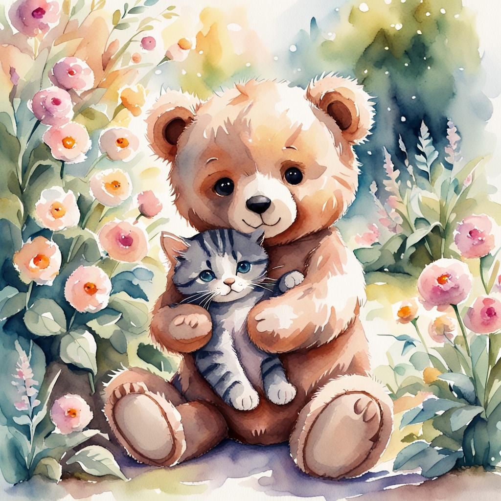 Teddy Bear and Kitten in Watercolor Garden