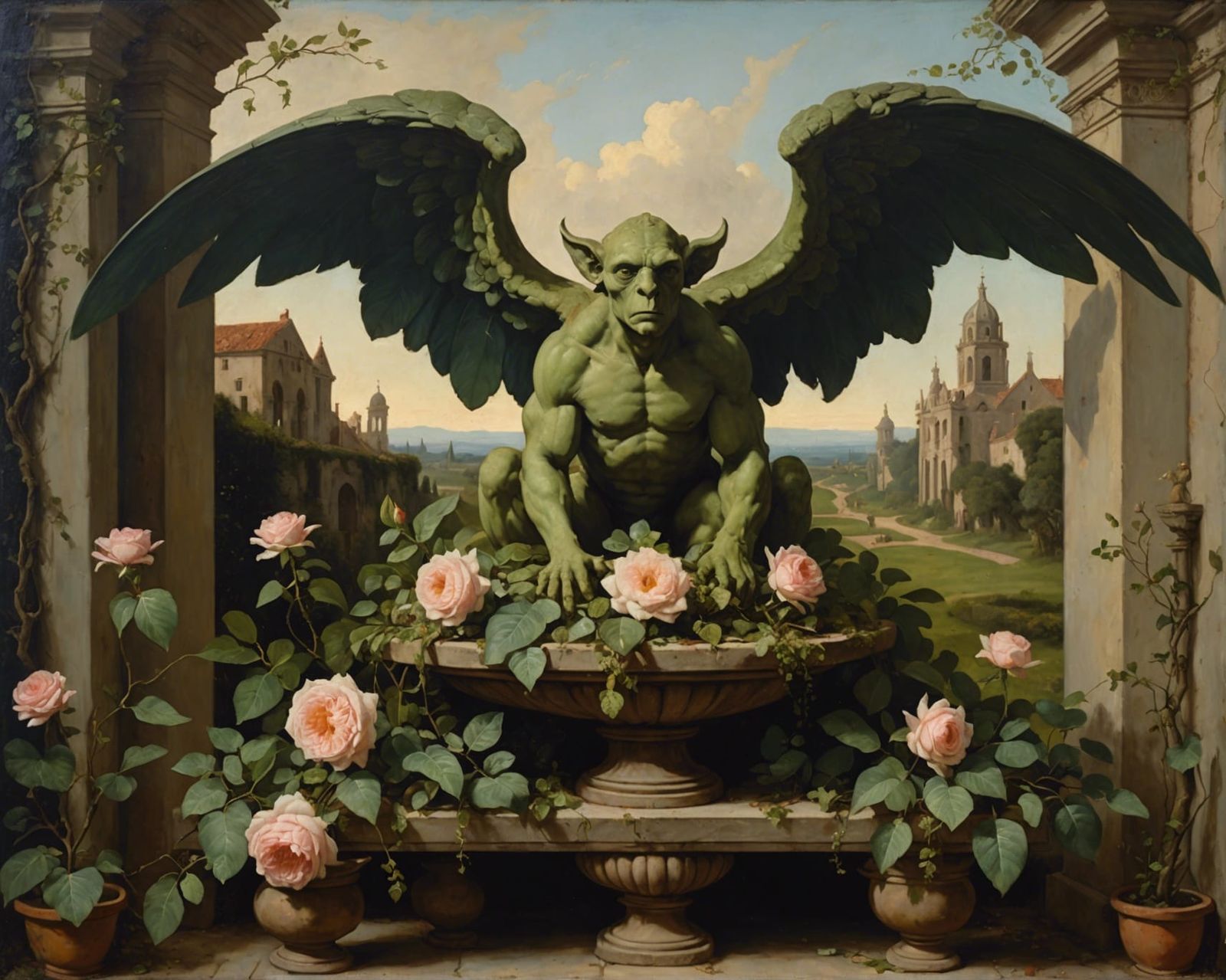 Baroque Gargoyle in Garden Oil Painting