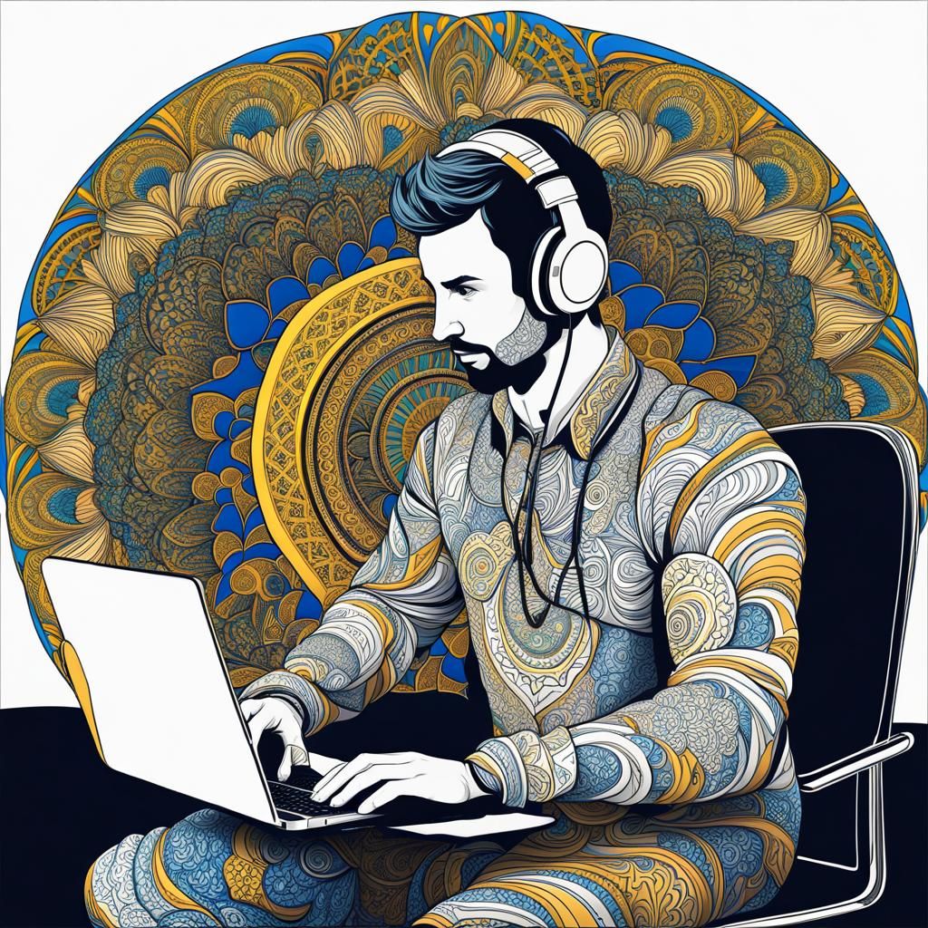 Man at Desk with Laptop and Ukrainian Shirt