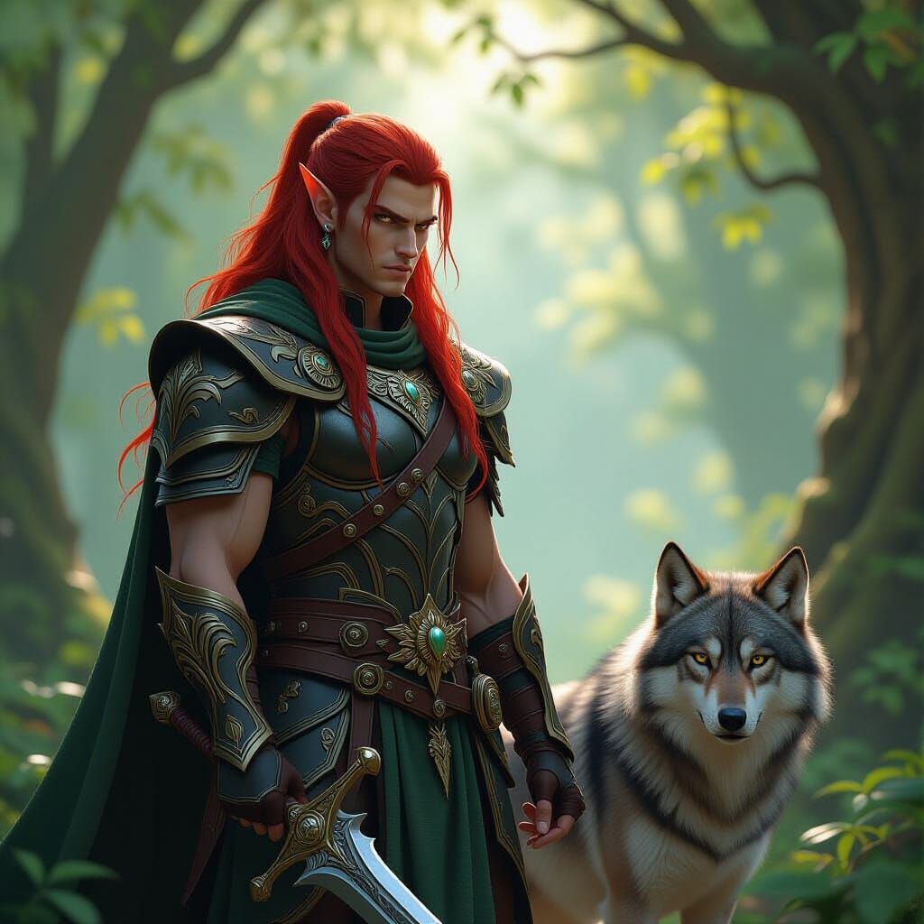 Elven Warrior Stands Guard in Enchanted Forest