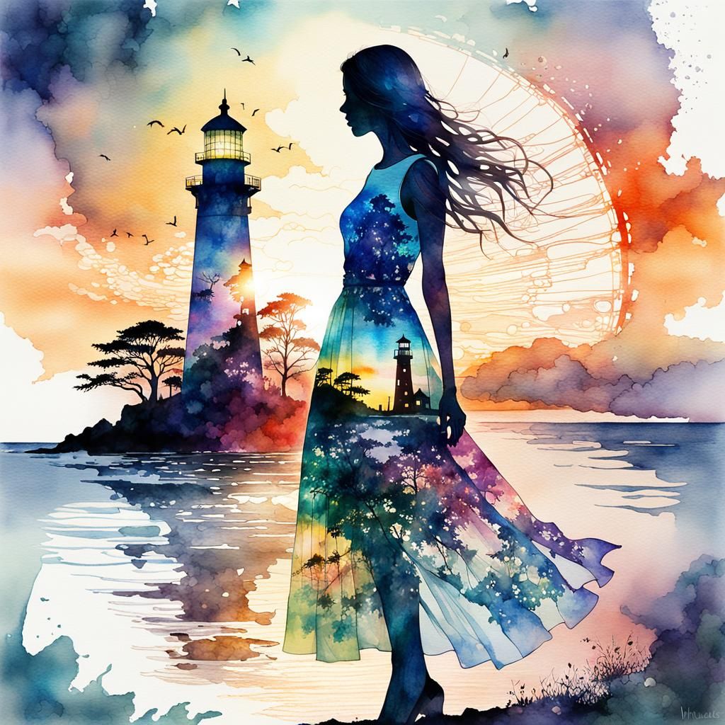 Fantasy Double Exposure: Woman, Lighthouse Sunset Watercolor
