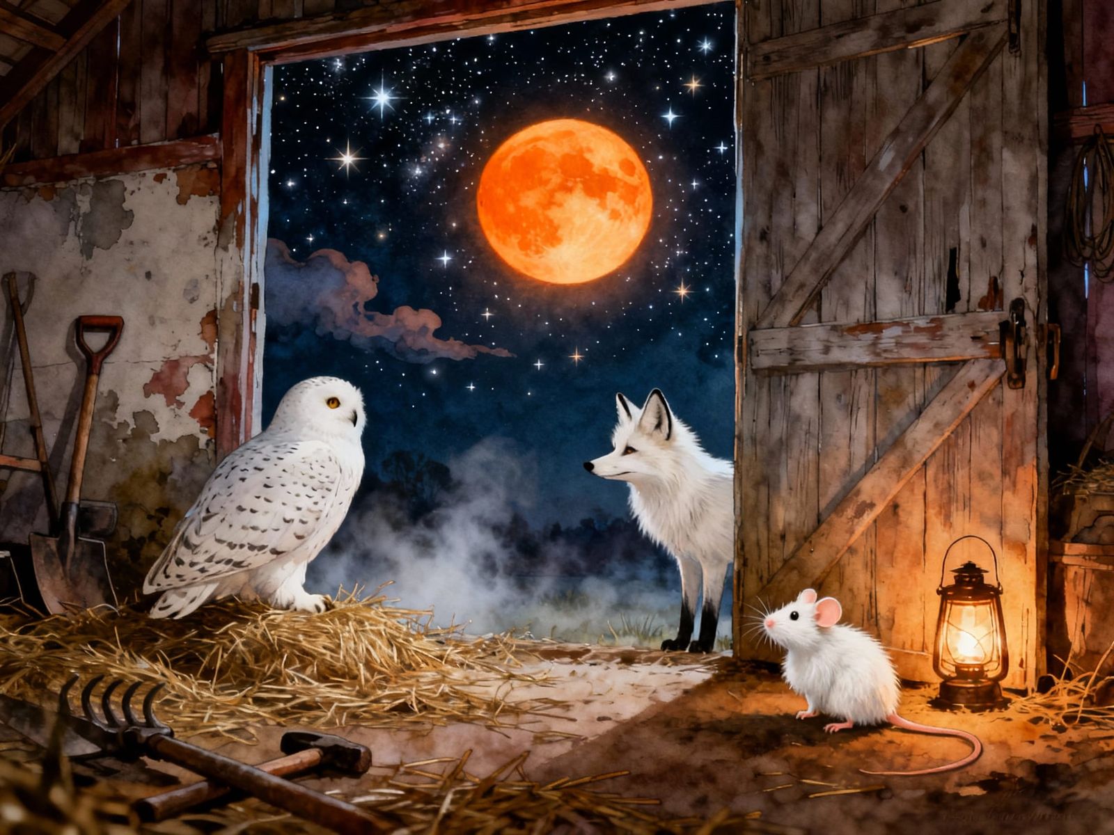 White Owl, Fox, and Mouse Under Luminous Moon
