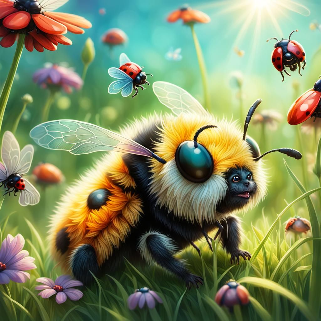 Fluffy Grass Creature in Sunlit Meadow